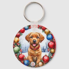 Schattige puppy omringd door kerstversieringen sleutelhanger