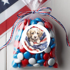 Schattige Puppy Rood Wit Blauw Amerikaans Vlag Ronde Sticker
