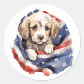 Schattige Puppy Rood Wit Blauw Amerikaans Vlag Ronde Sticker (Voorkant)