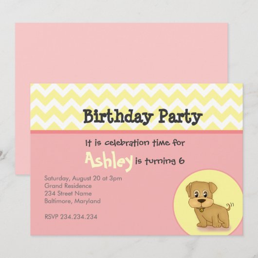 Schattige Puppy roze crème Birthday uitnodiging (Voorkant / Achterkant)