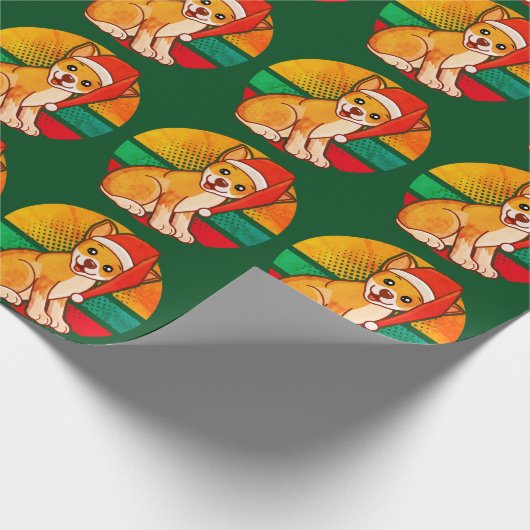 Schattige Puppy Santa Hat Retro Sunset Cadeaupapier (Hoek)