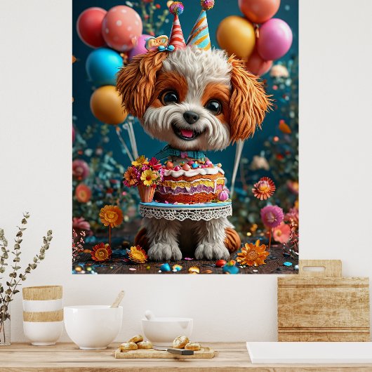 Schattige puppy viert verjaardag poster (Keuken)