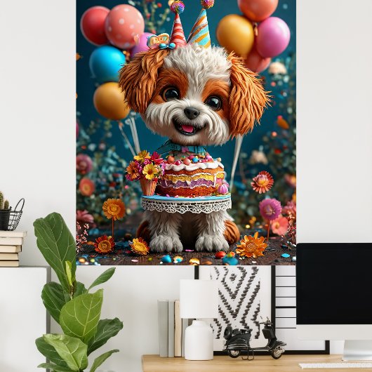 Schattige puppy viert verjaardag poster (Thuiskantoor)