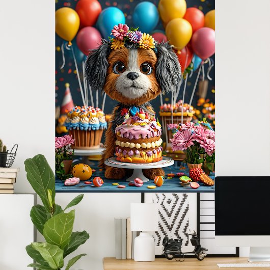 Schattige puppy viert verjaardag poster (Thuiskantoor)