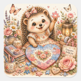Schattige Puzzel Egeltje Watercolor Kunst Vierkante Sticker