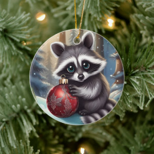 Schattige Raccoon Kerstornament Keramisch Ornament