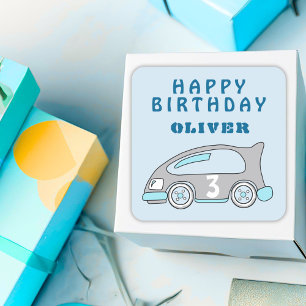 Schattige Race Car Blue Boy Happy Birthday Vierkante Sticker