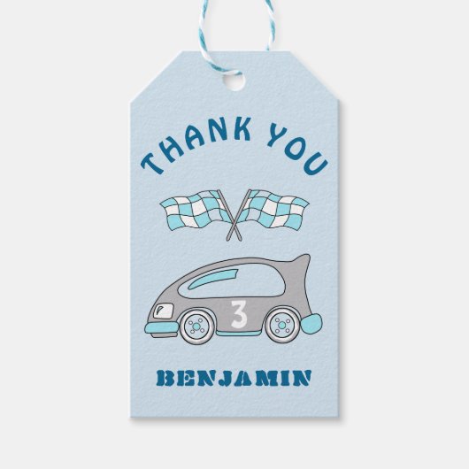 Schattige Race Car Flags Blue Boy Verjaardag Dank  Cadeaulabel (Voorkant)