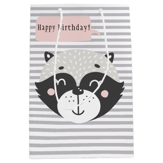 Schattige Racoon Grijs Gestreept Kinder Birthdayn  Medium Cadeauzakje (Voorkant)
