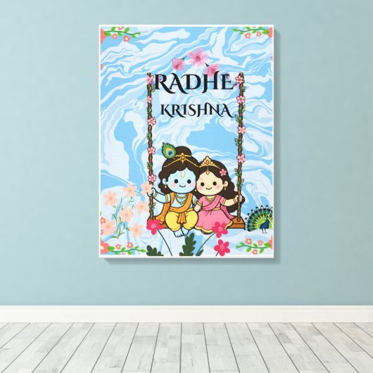 Schattige Radha Krishna op slingerende muur kunst  Canvas Afdruk (Insitu (Houten vloer))