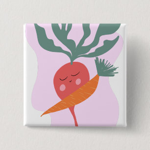 Schattige Radijs en Wortel Cartoon  Vierkante Button 5,1 Cm