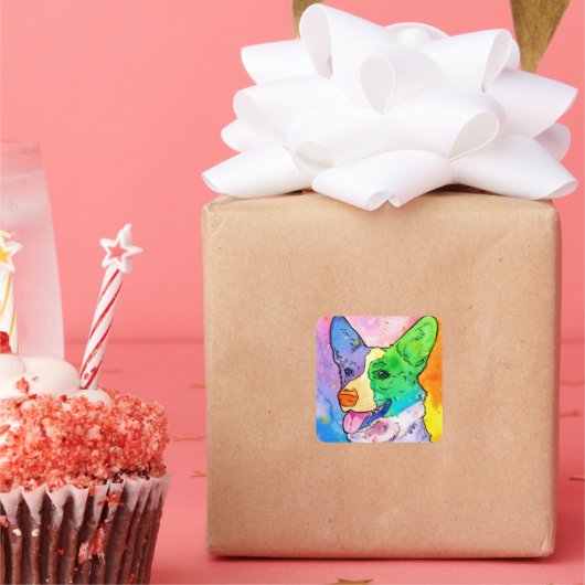 Schattige Rainbow Corgi Waterverf Vierkante Sticker (Feest)