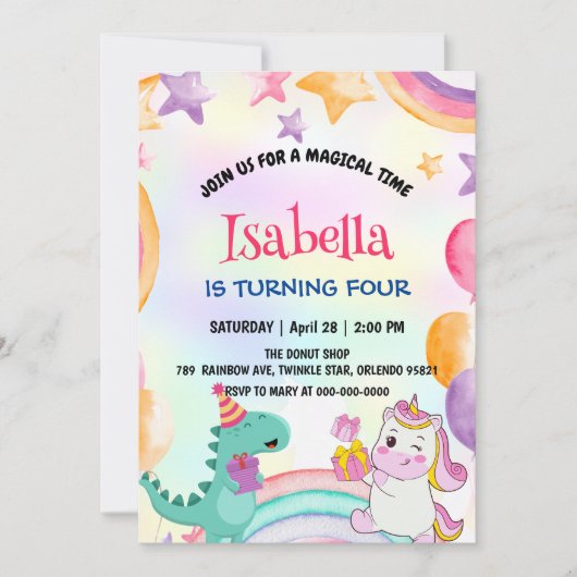 Schattige Rainbow Dinosaur Eenhoorn Verjaardagsfee Kaart (Voorkant)