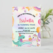 Schattige Rainbow Dinosaur Eenhoorn Verjaardagsfee Kaart (Staand voorkant)