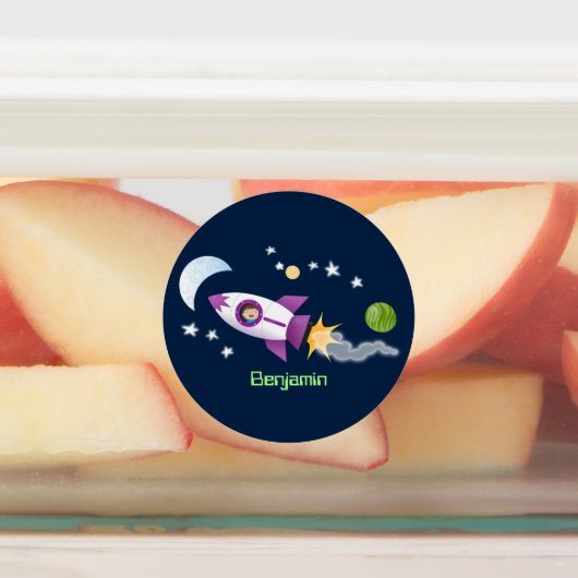 Schattige raketschip in de ruimte cartoon geperson labels (Aangebracht)