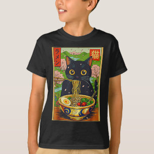 Schattige Ramen Kat Natuur Bloemen Noedel Anime T-shirt