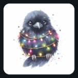 Schattige Raven Christmas Vierkante Sticker<br><div class="desc">AI genereerde kunst van een schattige raaf gewikkeld in kerstverlichting in een waterverf stijl</div>
