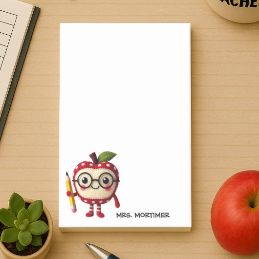 Schattige Red Apple-personage met Pencil Teacher N Post-it® Notes