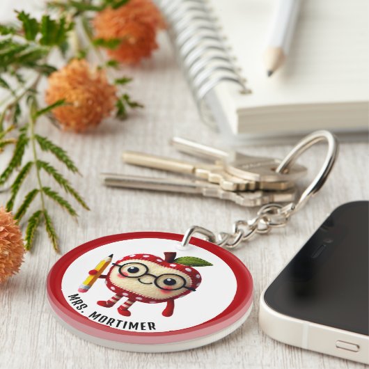Schattige Red Apple-personage met Pencil Teacher N Sleutelhanger (Voorkant Rechts)