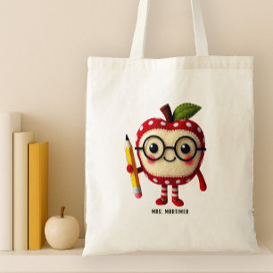 Schattige Red Apple-personage met Pencil Teacher N Tote Bag