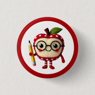 Schattige Red Apple-personage met Pencil Teacher Ronde Button 3,2 Cm