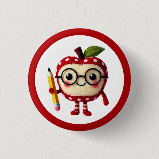 Schattige Red Apple-personage met Pencil Teacher Ronde Button 3,2 Cm (Voorkant)