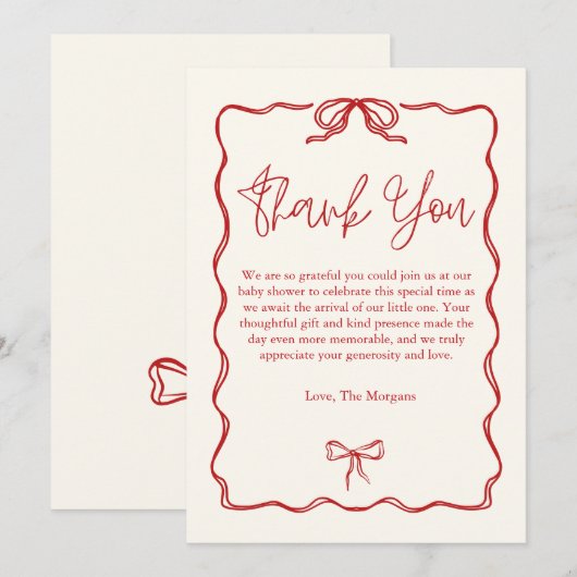 Schattige Red Bow Baby shower Bedankkaart (Voorkant / Achterkant)