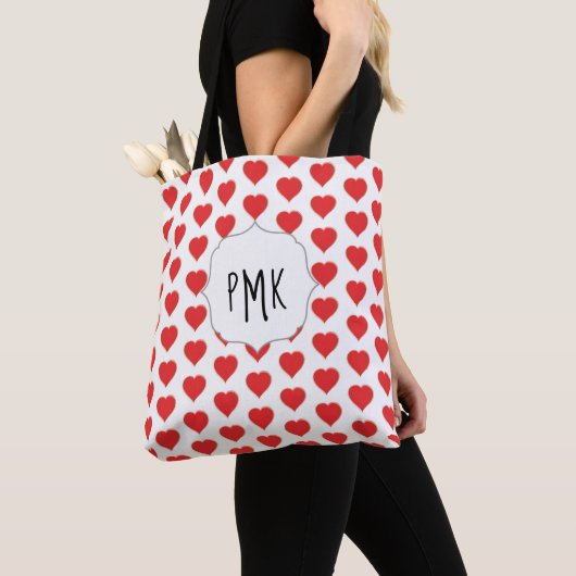 Schattige Red Hearts Monogram Gepersonaliseerd Tote Bag (Dichtbij)