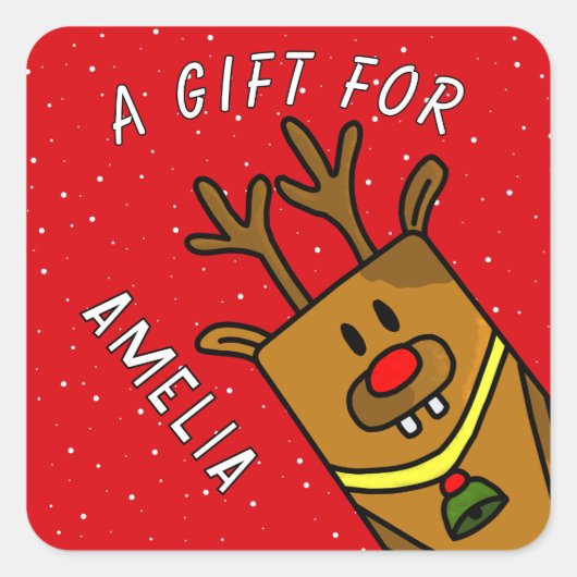 Schattige Red Rendier Kind Naam Kerstcadeau Vierkante Sticker (Voorkant)