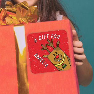 Schattige Red Rendier Kind Naam Kerstcadeau Vierkante Sticker