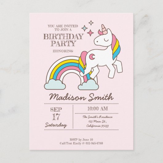 Schattige Regenboog Eenhoorn En Glitters Verjaarda Uitnodiging Briefkaart (Voorkant)
