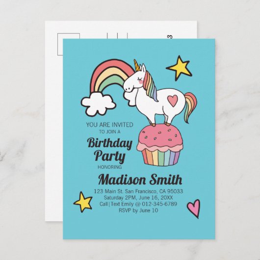 Schattige Regenboog Eenhoorn Sterren Harten Verjaa Uitnodiging Briefkaart (Voorkant / Achterkant)