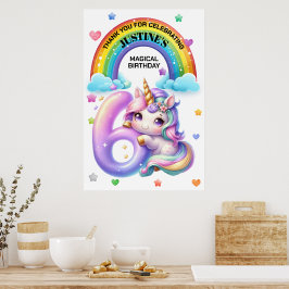 Schattige Regenboog en Eenhoring 6de Verjaardagsfe Poster