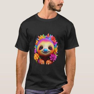 Schattige Regenboog Luiaard met Bloemen Kleurig Di T-shirt