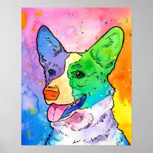 Schattige Regenboog Waterverf Corgi Poster (Voorkant)
