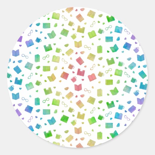 Schattige regenboogboek en leespatroon ronde sticker (Voorkant)