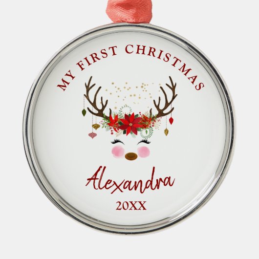 Schattige rendier Baby 1e kerstversiering Metalen Ornament (Voorkant)