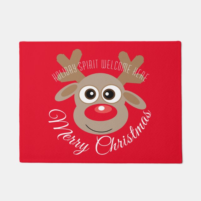 Schattige rendier Cartoon Christmas Red Script Deurmat (Voorkant)
