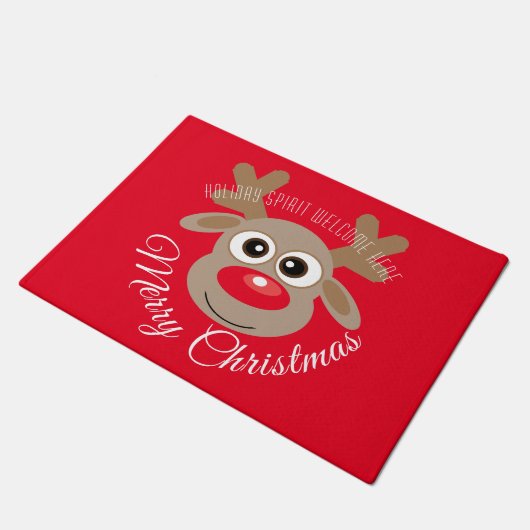 Schattige rendier Cartoon Christmas Red Script Deurmat (Schuin)