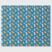 Schattige rendier en sneeuwman blauw cadeaupapier (Vlak)