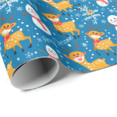 Schattige rendier en sneeuwman blauw cadeaupapier (Rol Hoek)