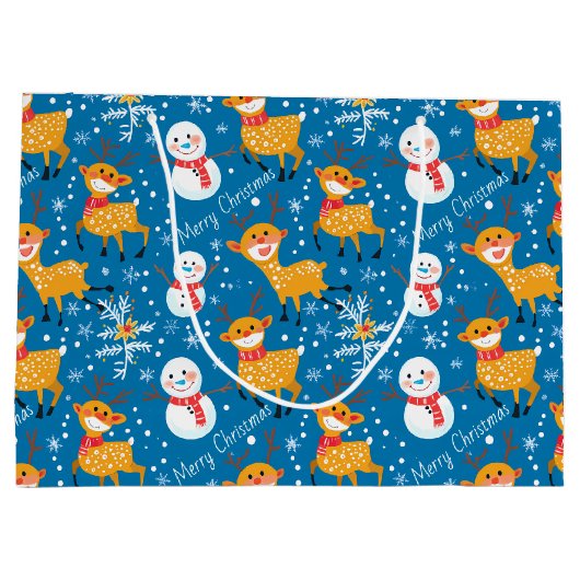 Schattige rendier en sneeuwman blauw groot cadeauzakje (Achterkant)