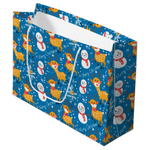 Schattige rendier en sneeuwman blauw groot cadeauzakje