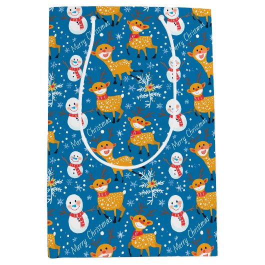 Schattige rendier en sneeuwman blauw medium cadeauzakje (Voorkant)