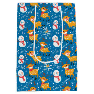 Schattige rendier en sneeuwman blauw medium cadeauzakje