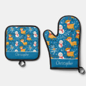 Schattige rendier en sneeuwman blauw ovenwant & pannenlap set (Voorkant)