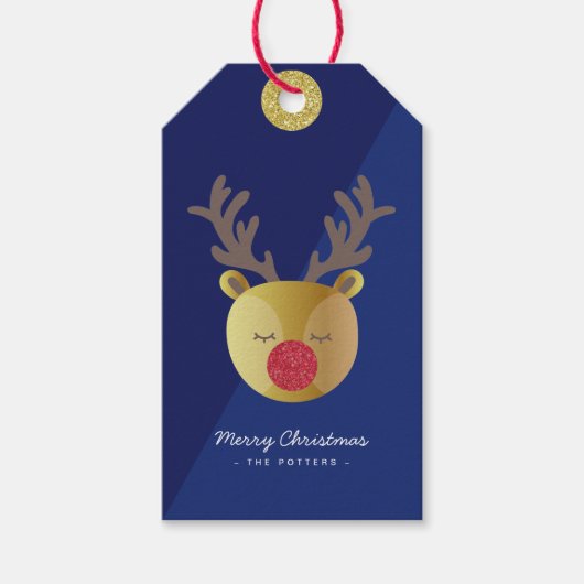 Schattige rendier | Fun Christmas Blue & Gold Cadeaulabel (Voorkant)