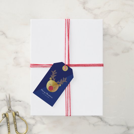 Schattige rendier | Fun Christmas Blue & Gold Cadeaulabel (Met Touw)