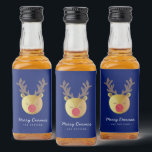 Schattige rendier | Fun Christmas Blue & Gold Likeurfles Etiket<br><div class="desc">Eenvoudige kerst blauw & goud mini alcohol flesje label met schattige rendieren met sprankelende rode neus. Pas met korte groet en de naam van de afzender aan. Mix en match met andere design in deze serie.</div>