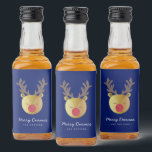 Schattige rendier | Fun Christmas Blue & Gold Likeurfles Etiket<br><div class="desc">Eenvoudige kerst blauw & goud mini alcohol flesje label met schattige rendieren met sprankelende rode neus. Pas met korte groet en de naam van de afzender aan. Mix en match met andere design in deze serie.</div>
